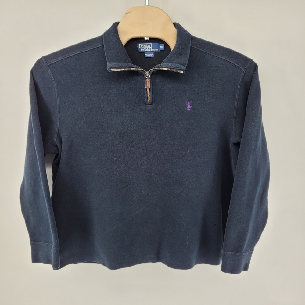 Polo Ralph Lauren Quarter Zip Pullover Mens XL Navy Blue Cotton Purple Pony Logo